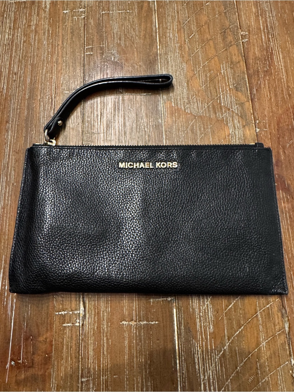 Michael Kors Black Pebbled Leather Wristlet with Gold Hardware